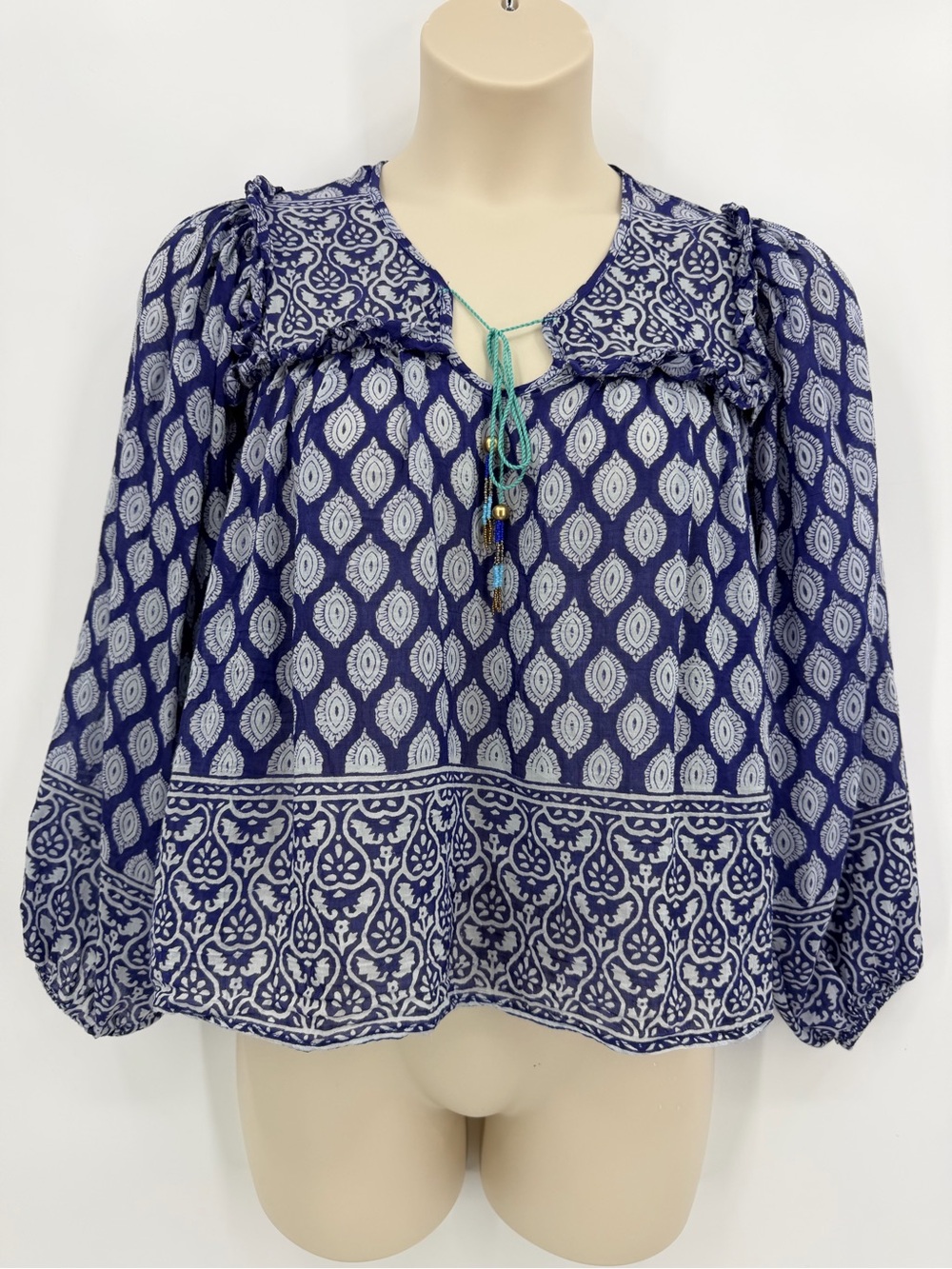 Bell by Alicia Bell Block Print Ruffle Long Sleeve Blouse Silk Blend Blue Size M